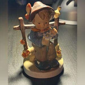 Vintage Goebel West Germany Boy Sitting on Fence Figurine Holding Flower